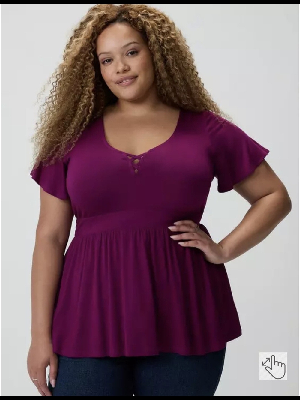 Plus Size Peplum Tunic with Flutter Sleeves - Plum